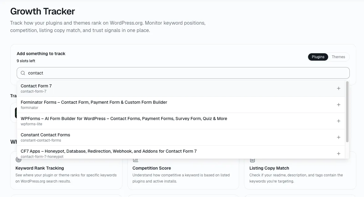StatWP Growth Tracker's add keyword screen for tracking a specific search term's rank
