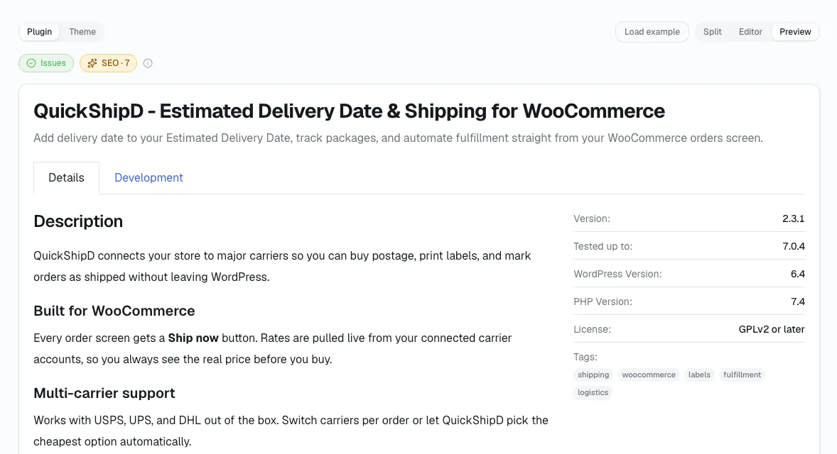 StatWP's Readme Checker live preview showing exactly how a readme.txt will render on WordPress.org