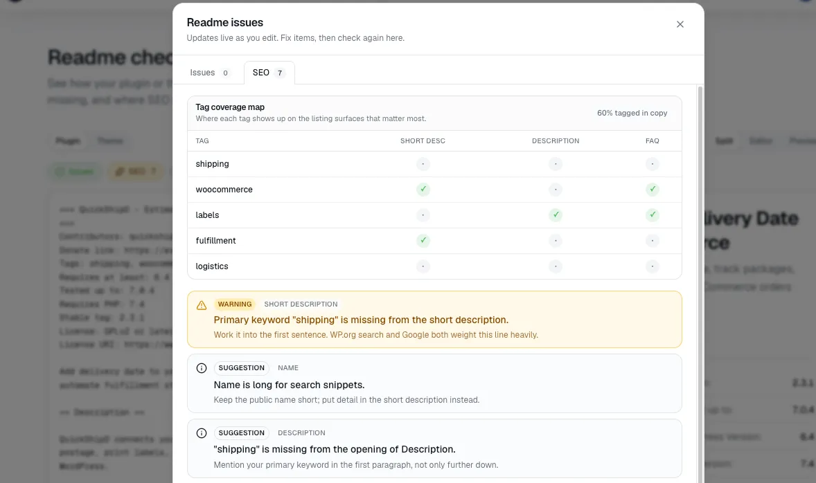 StatWP's Readme Checker SEO suggestions flagging tags placed past the fifth position