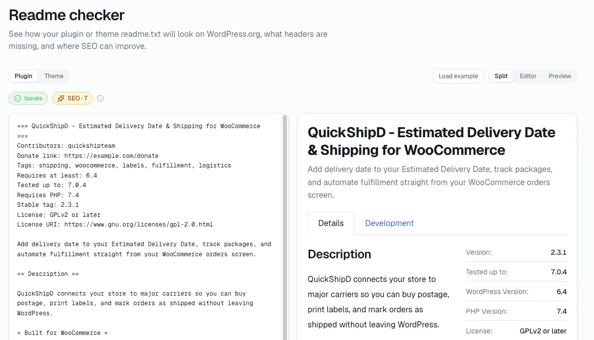 StatWP's Readme Checker input view for pasting a readme.txt file before running all four checks