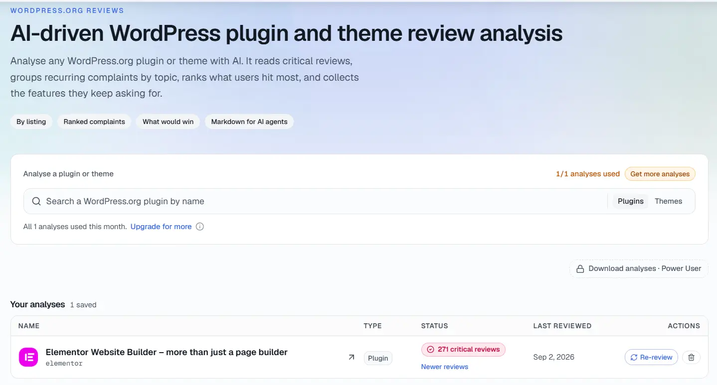 StatWP's Review Gap Finder search view, where you enter a plugin or theme to start an AI-driven review analysis